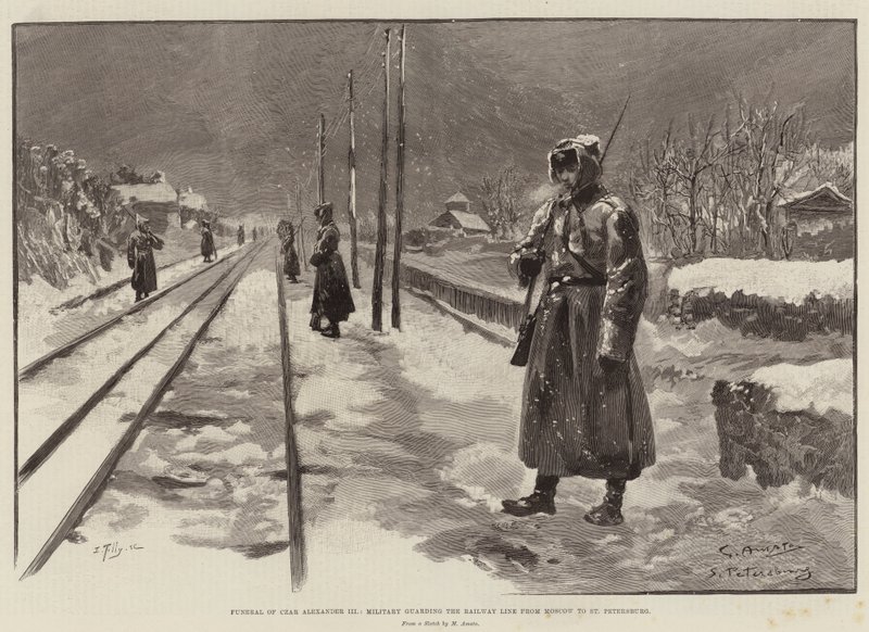Funerale dello zar Alessandro III, guardia militare lungo la linea ferroviaria da Mosca a San Pietroburgo da G.S. Amato