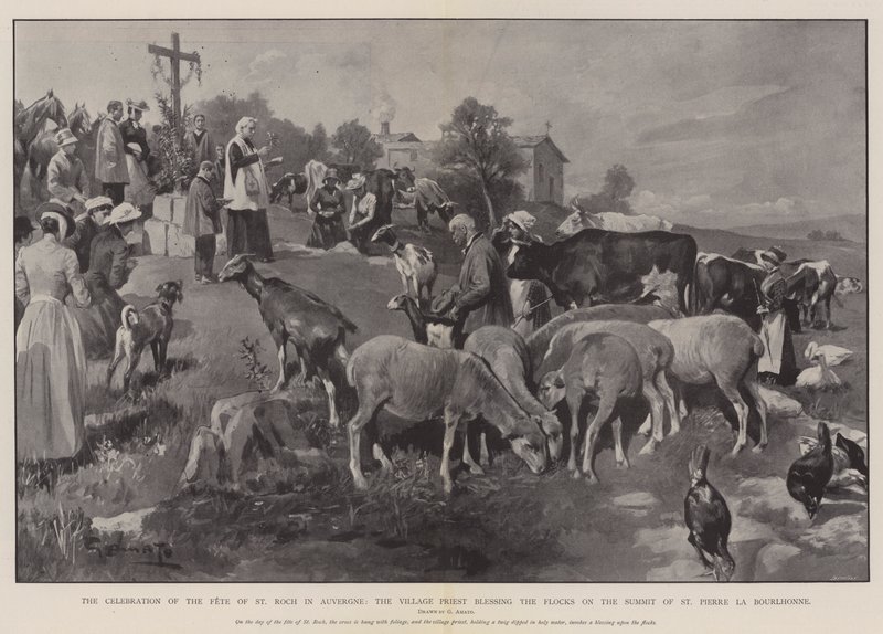 La celebrazione della festa di San Rocco in Alvernia, il prete del villaggio benedice i greggi sulla cima di Saint Pierre la Bourlhonne da G.S. Amato
