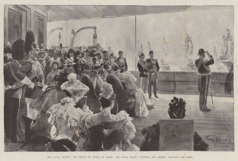 La revisione navale, il principe di Galles a bordo dello yacht reale Victoria e Albert che saluta la flotta da G.S. Amato