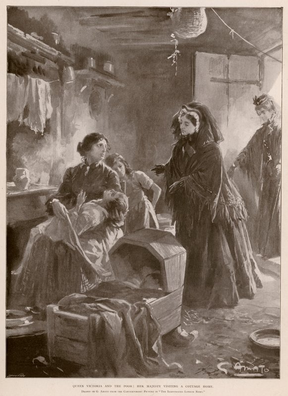 Regina Vittoria e i poveri: la regina visita una casa di campagna (fotoincisione) da G.S. (after) Amato
