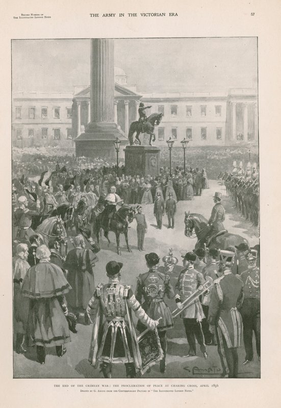 La fine della Guerra di Crimea: proclamazione della pace a Charing Cross, Londra, aprile 1856 (fotoincisione) da G.S. (after) Amato