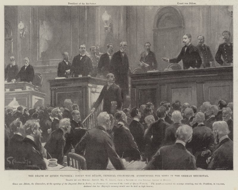 La morte della regina Vittoria, il conte von Bulow, cancelliere imperiale annuncia la notizia nel Reichstag tedesco da G.S. Amato