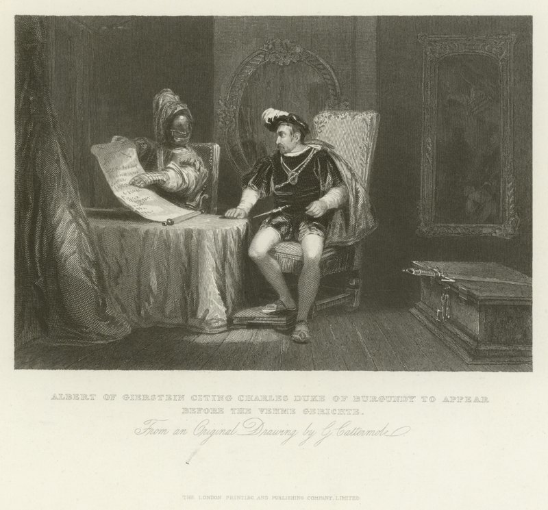Alberto di Geierstein che cita Carlo, Duca di Borgogna, a comparire davanti al Vehme Gerichte da George Cattermole