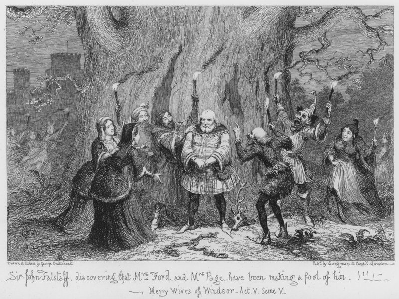Sir John Falstaff scopre che Mrs Ford e Mrs Page lo hanno preso in giro da George Cruikshank
