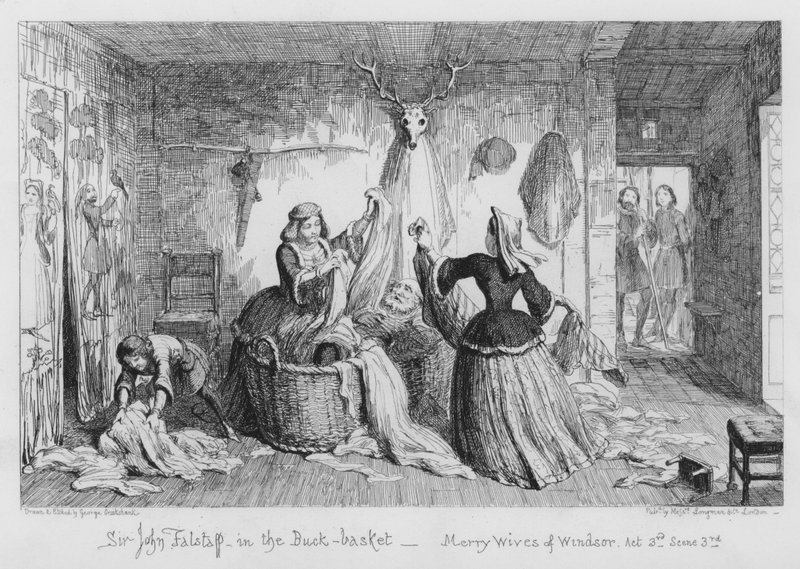 Sir John Falstaff nel cesto della biancheria da George Cruikshank