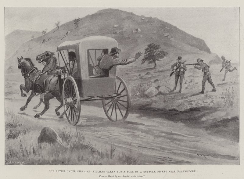 Il Nostro Artista sotto il Fuoco, il Sig. Villiers scambiato per un Cinghiale da una Pattuglia di Suffolk vicino a Naauwpoort da George Derville Rowlandson