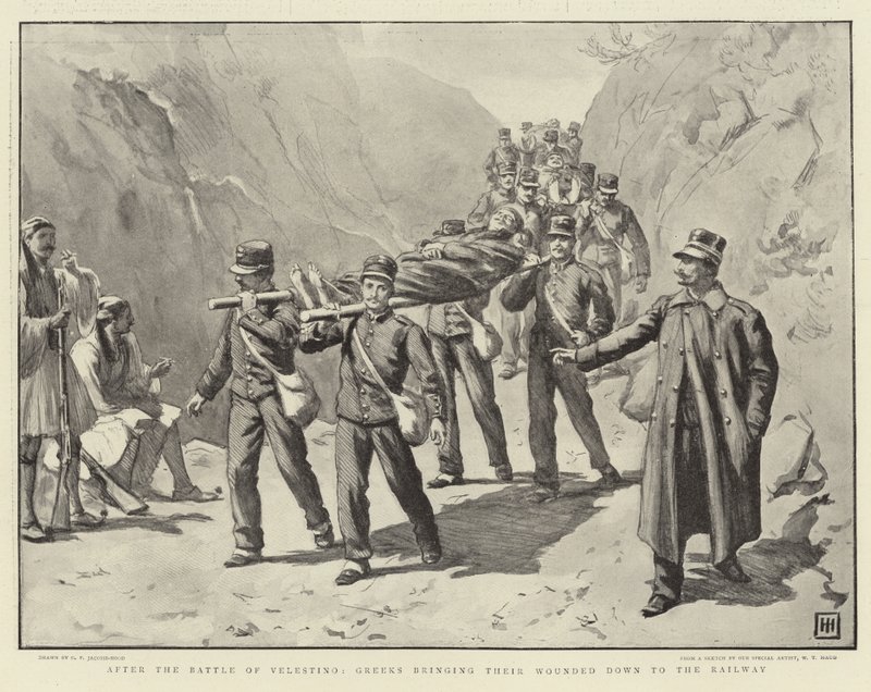 Dopo la battaglia di Velestino, i greci portano i loro feriti alla ferrovia da George Percy Jacomb Hood