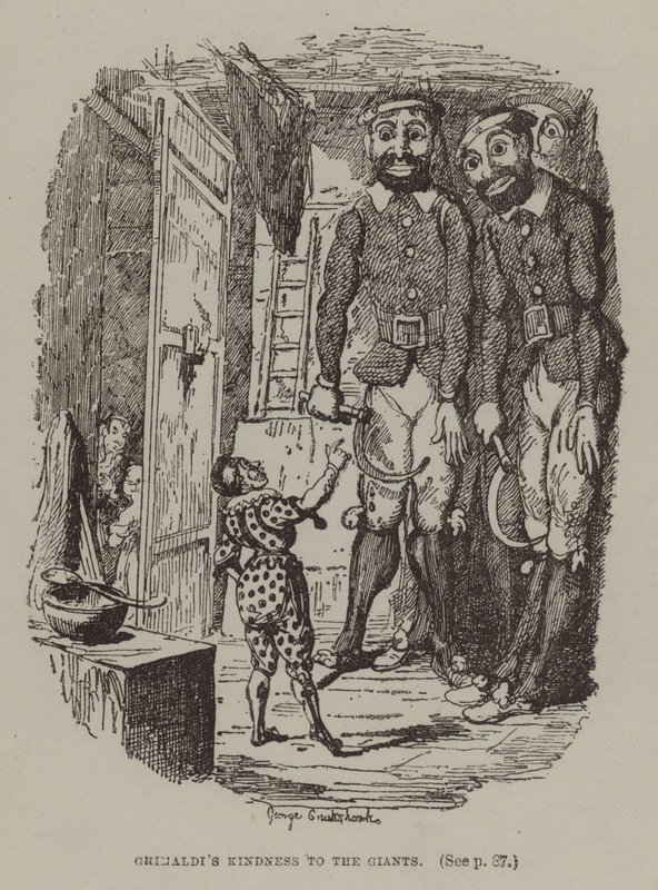 La gentilezza di Grimaldi verso i giganti (incisione) da George (after) Cruikshank