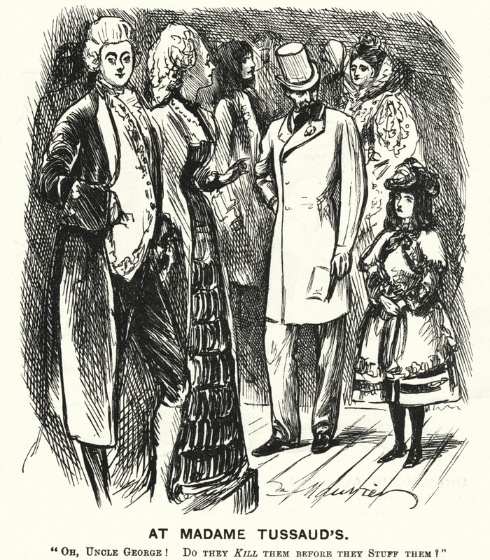 Cartone animato di Punch: Da Madame Tussaud (incisione) da George (after) Du Maurier