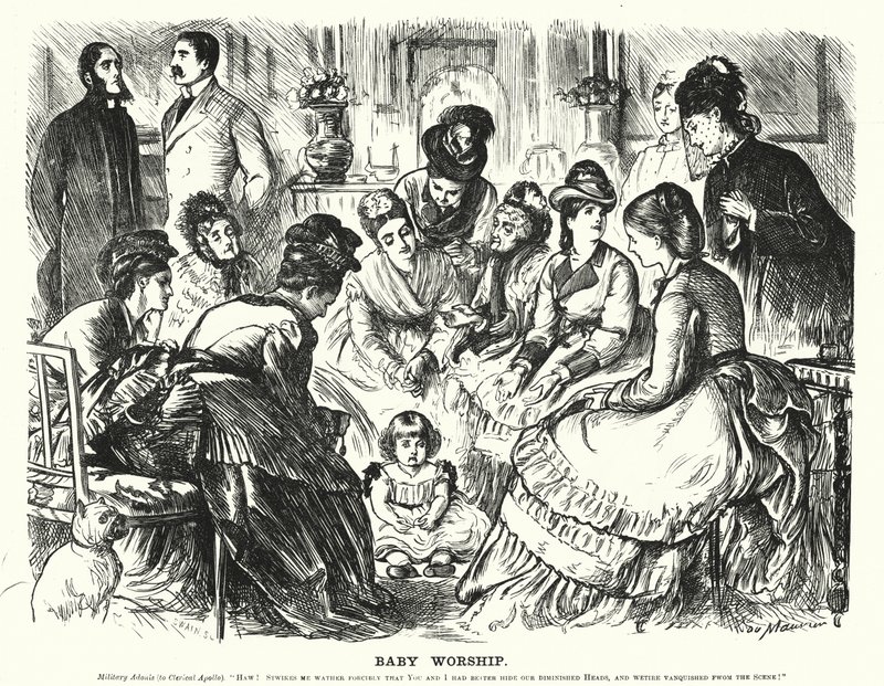 Cartone animato di Punch: Adorazione del bambino (incisione) da George (after) Du Maurier