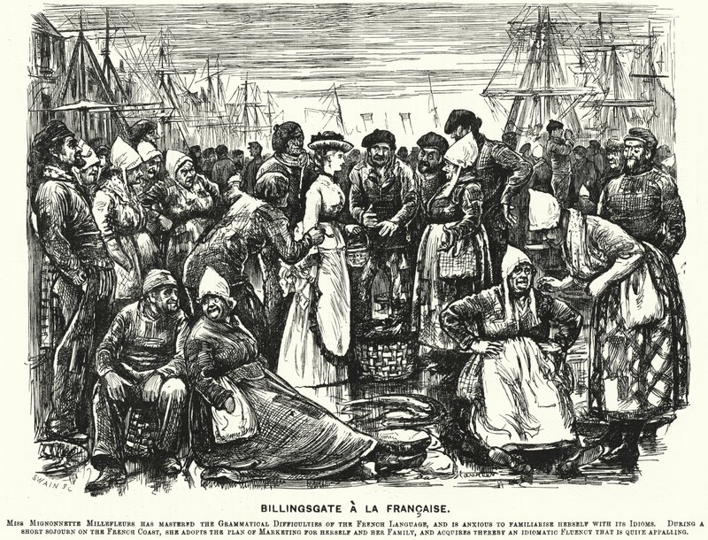 Cartone animato di Punch: Billingsgate alla Francese (incisione) da George (after) Du Maurier