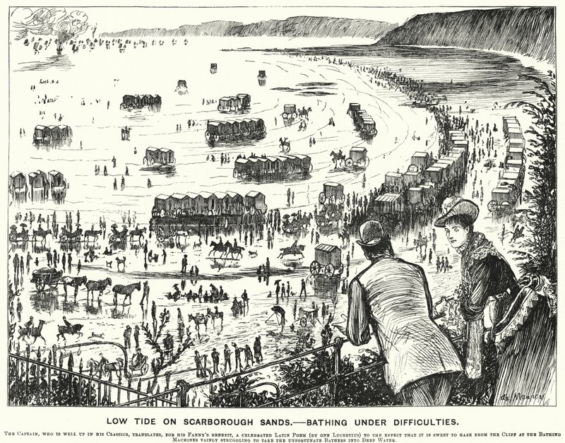 Cartone animato di Punch: Bassa marea sulle sabbie di Scarborough - Bagno in difficoltà (incisione) da George (after) Du Maurier