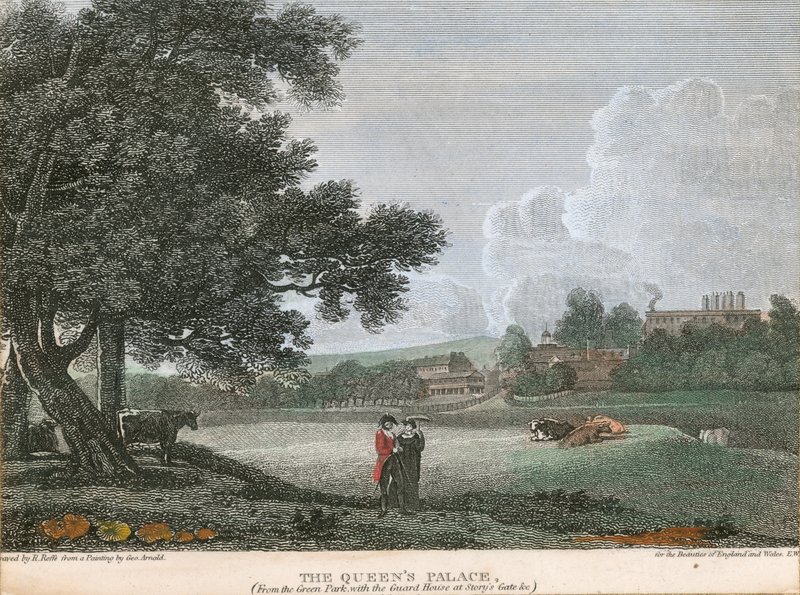 Il Palazzo della Regina, dal Green Park con la Casa della Guardia a Story