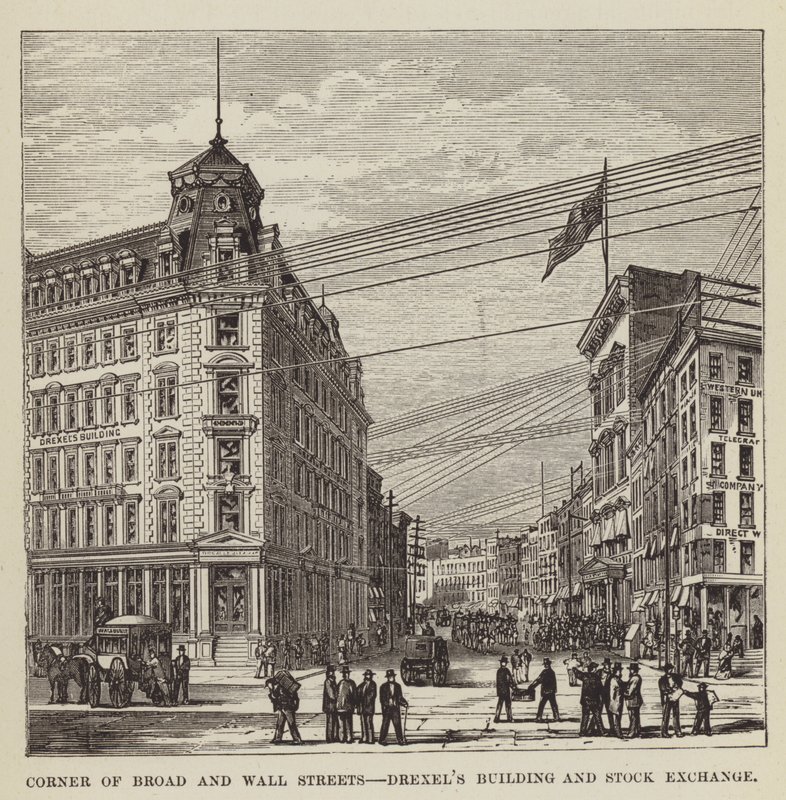 Angolo tra Broad e Wall Streets, edificio Drexel e Borsa valori da George Augustus Sala