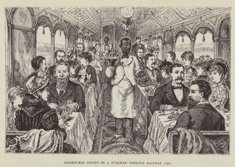 Passeggeri che cenano in una carrozza salotto Pullman da George Augustus Sala