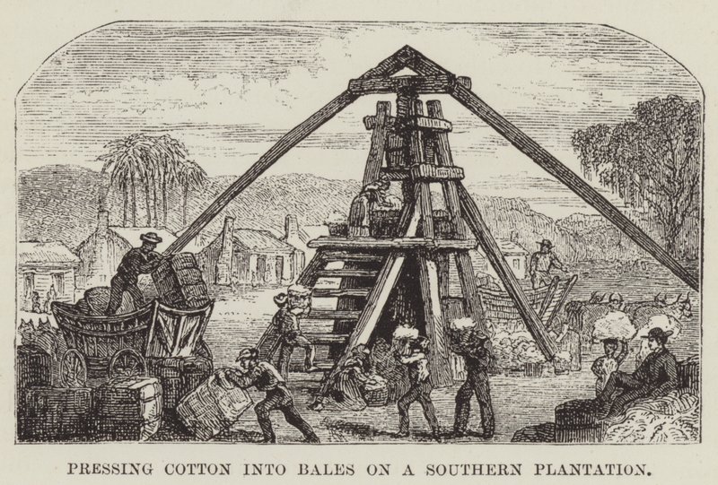 Pressatura del cotone in balle in una piantagione del Sud da George Augustus Sala