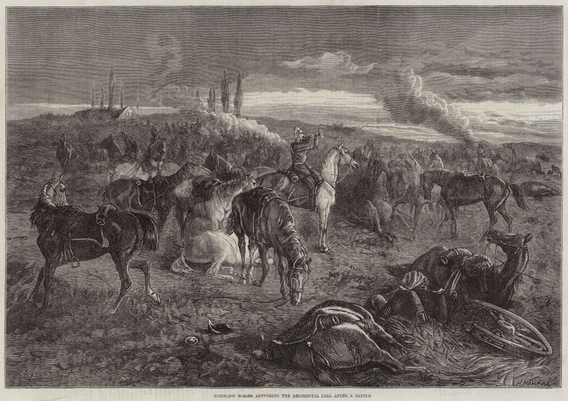Cavalli senza cavaliere che rispondono alla chiamata del reggimento dopo una battaglia da George Bouverie Goddard