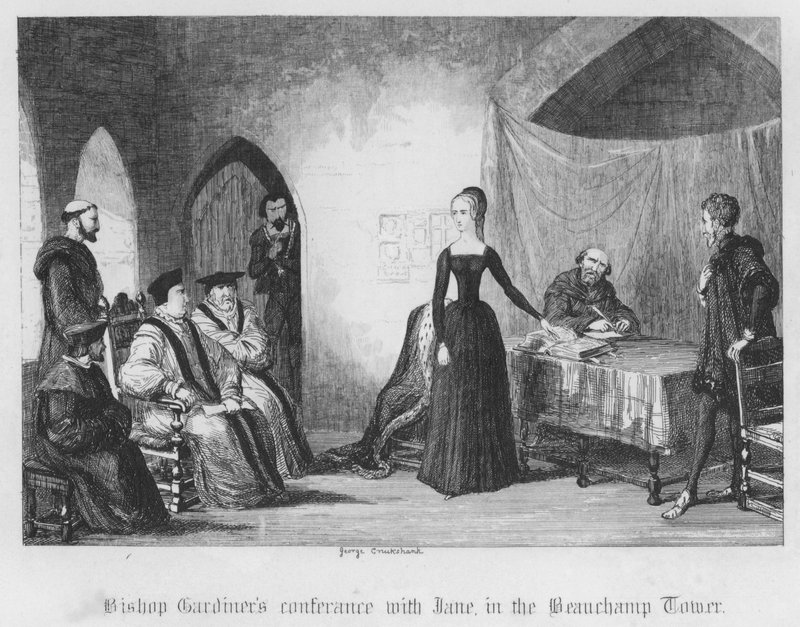Conferenza del Vescovo Gardiner con Jane, nella Torre di Beauchamp (incisione) da George Cruikshank