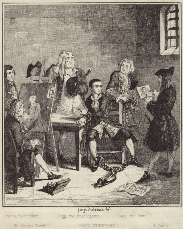 Jack Sheppard che fa dipingere il suo ritratto da Sir James Thornhill in prigione da George Cruikshank