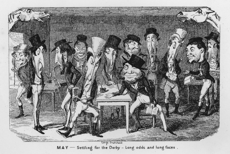 Maggio, Sistemazione per il Derby, Lunghe probabilità e lunghe facce (incisione) da George Cruikshank