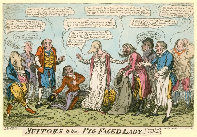Pretendenti della signora con la faccia di maiale di Manchester Square, Londra da George Cruikshank