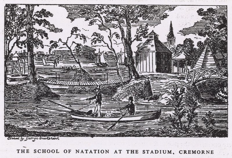 La scuola di nuoto allo stadio, Cremorne Gardens da George Cruikshank