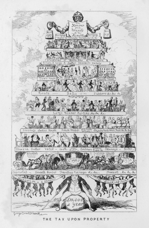 La tassa sulla proprietà, ovvero i costi di essere ricchi (incisione) da George Cruikshank
