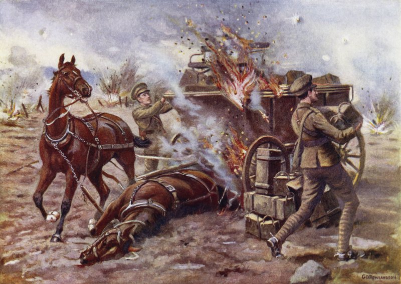 Il bombardiere H A Creasey che aiuta a scaricare un carro di munizioni in fiamme sotto un pesante fuoco di artiglieria, Potijze, vicino a Ypres, 25 aprile 1915 da George Derville Rowlandson