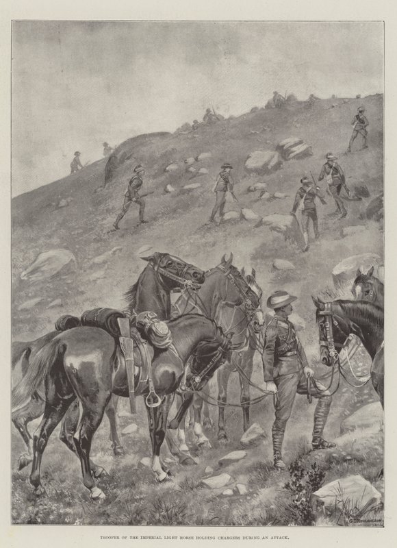 Cavaliere della Luce Imperiale che tiene i cavalli durante un attacco da George Derville Rowlandson