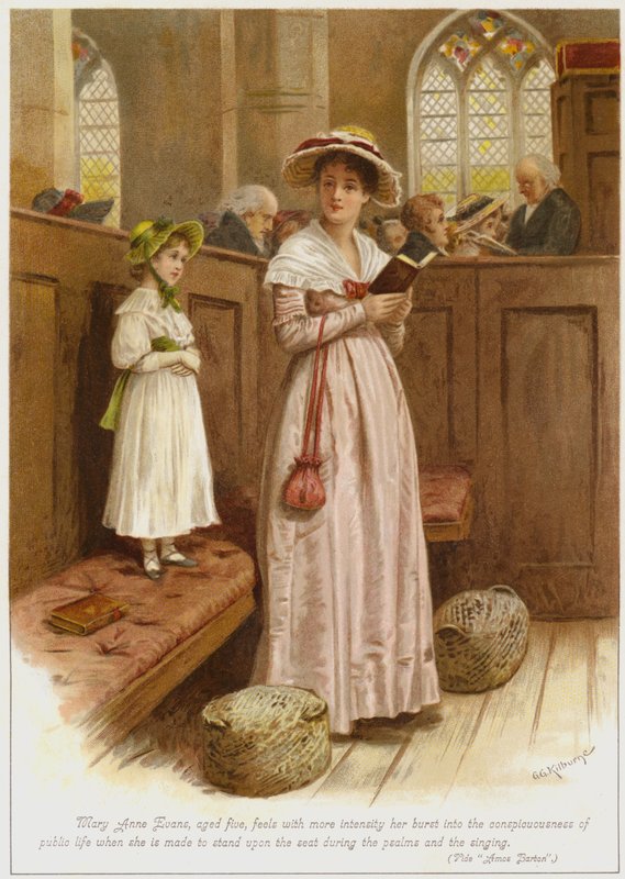 Mary Anne Evans, di cinque anni, sente con più intensità il suo ingresso nella coscienza della vita pubblica quando viene fatta stare in piedi sul sedile durante i salmi e il canto da George Goodwin Kilburne