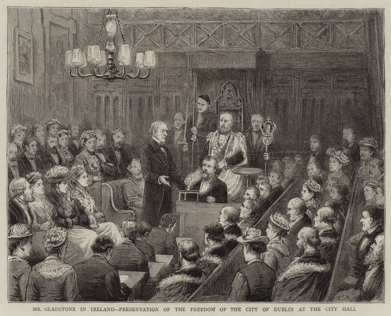 Mr Gladstone in Irlanda, presentazione della libertà della città di Dublino al City Hall da George Goodwin Kilburne