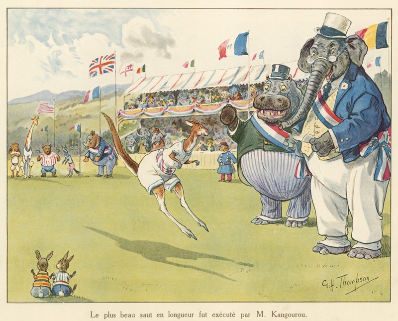 Il miglior salto in lungo è stato eseguito da M Kangourou (litografia a colori). da George Henry Thompson