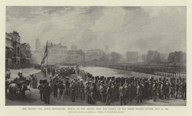 Sua Maestà la Regina distribuisce medaglie agli eroi della Crimea alla parata delle Guardie a Cavallo, 21 maggio 1855 da George Housman Thomas