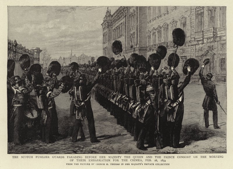 Le guardie fusiliere scozzesi che sfilano davanti a Sua Maestà la Regina e al Principe Consorte la mattina del loro imbarco per la Crimea, 28 febbraio 1854 da George Housman Thomas