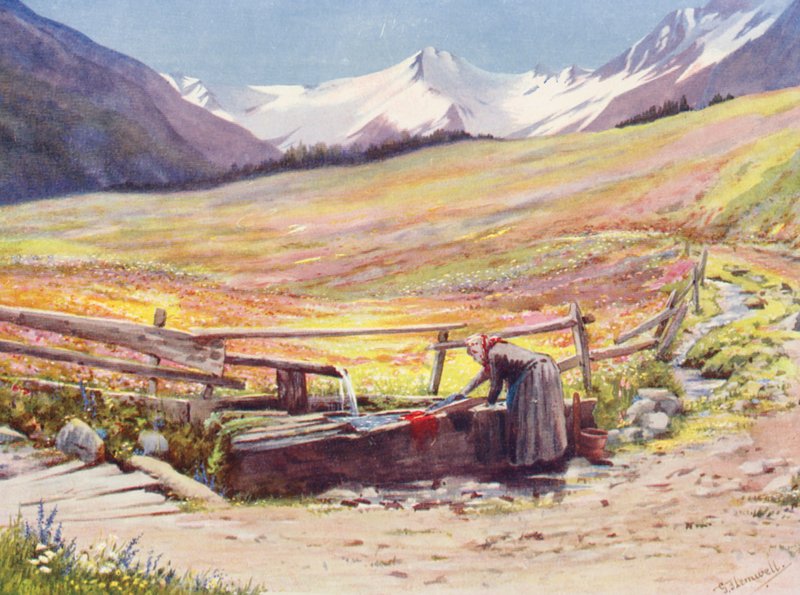 Campi di inizio giugno oltre Praz de Fort nella Val Ferret, con il Gruppo del Gran San Bernardo e del Grand Golliaz sullo sfondo da George Jackson Flemwell