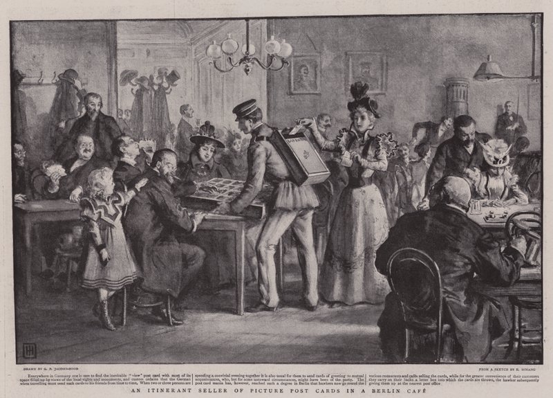 Un venditore itinerante di cartoline in un caffè di Berlino da George Percy Jacomb Hood