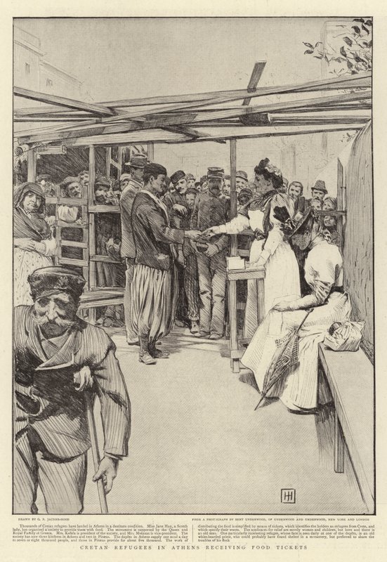 Rifugiati cretesi ad Atene che ricevono biglietti per il cibo da George Percy Jacomb Hood