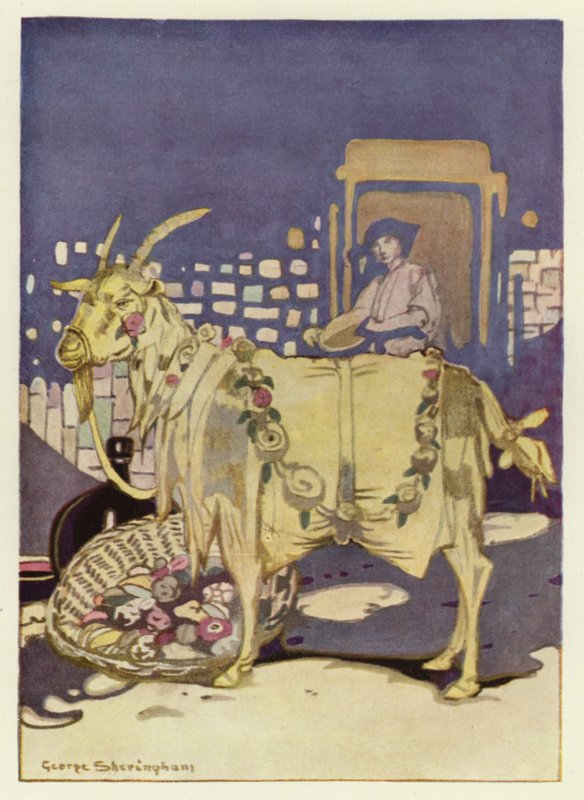 Comprò una grande quantità di cibo, lo mise in un cesto e lo portò al recinto degli animali (litografia a colori) da George Sheringham