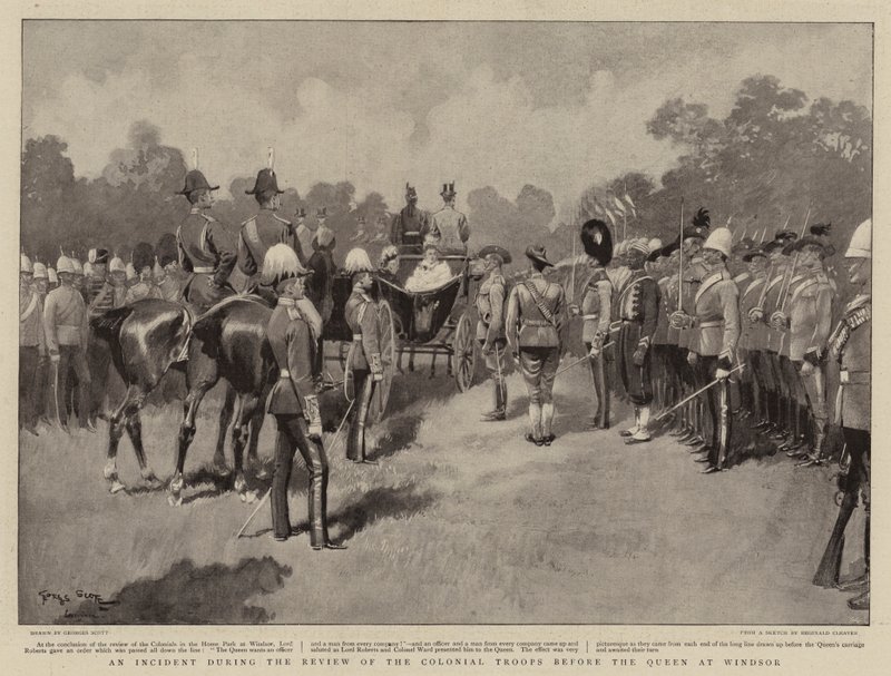 Un incidente durante la revisione delle truppe coloniali davanti alla Regina a Windsor da Georges Bertin Scott