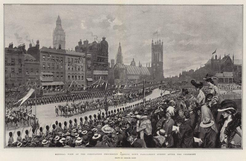 Veduta generale della processione di incoronazione che passa per Parliament Street dopo la cerimonia da Georges Bertin Scott
