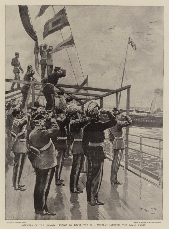 Ufficiali delle truppe coloniali a bordo della SS Dunera che salutano lo yacht reale da Georges Bertin Scott