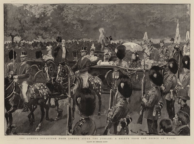 La partenza della regina da Londra dopo il Giubileo, un saluto dal principe di Galles da Georges Bertin Scott