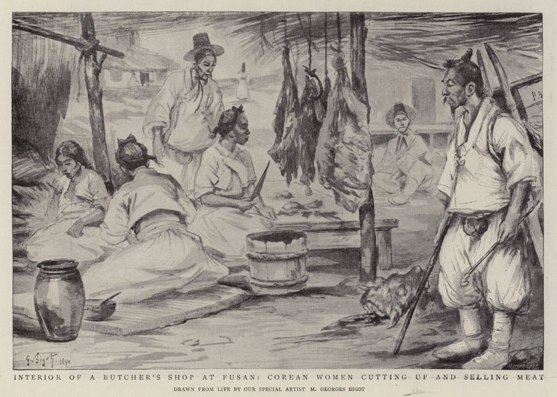 Interno di una Macelleria a Fusan, Donne Coreane che Tagliano e Vendono Carne da Georges Ferdinand Bigot