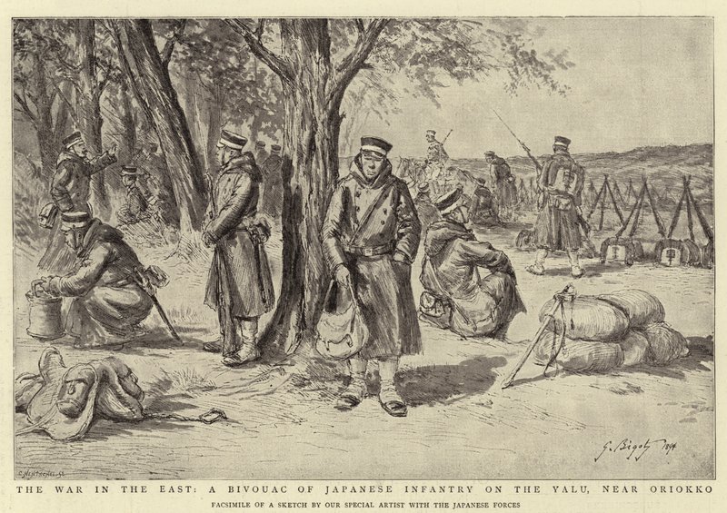 La Guerra in Oriente, un Bivacco di Fanteria Giapponese sul Fiume Yalu, vicino a Oriokko da Georges Ferdinand Bigot