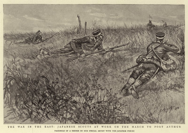 La guerra in Oriente, esploratori giapponesi al lavoro durante la marcia verso Port Arthur da Georges Ferdinand Bigot