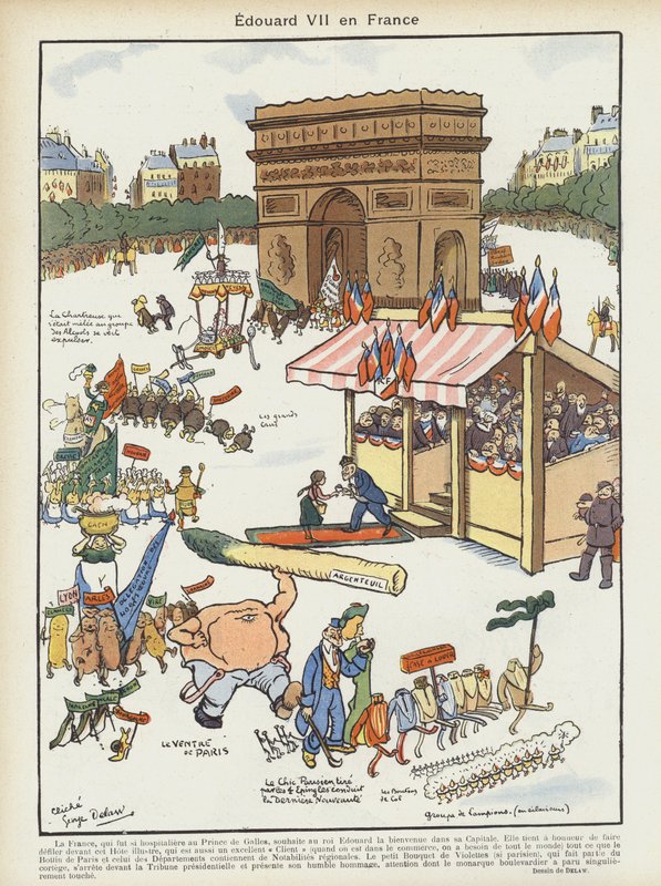 La visita del re Edoardo VII in Francia. Illustrazione per Le Rire da Georges Delaw