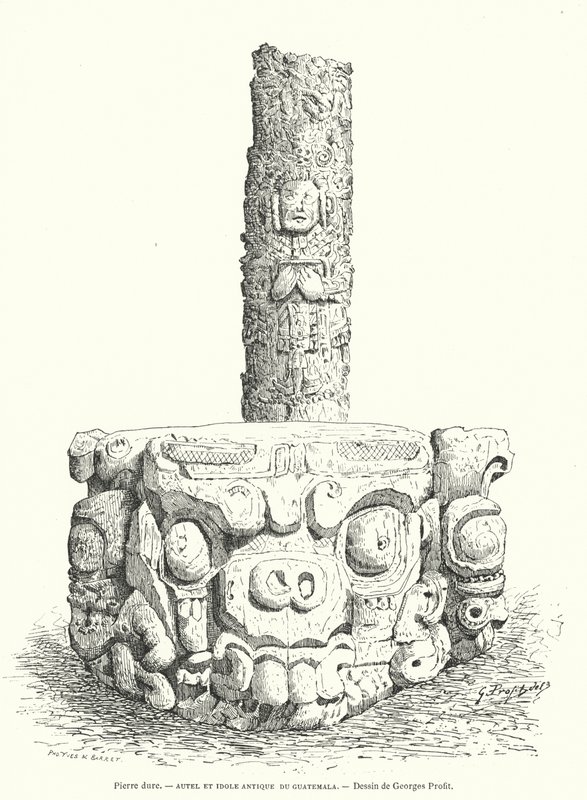 Altare e idolo in pietra scolpita Maya dal Guatemala (incisione) da Georges Ernest Profit