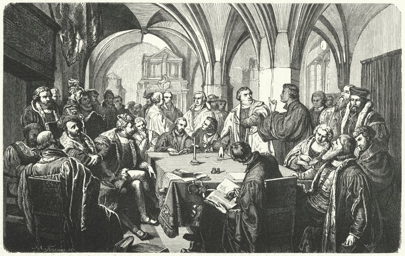 Dibattito religioso tra Martin Lutero e Huldrych Zwingli al Colloquio di Marburgo, 1529 da German School