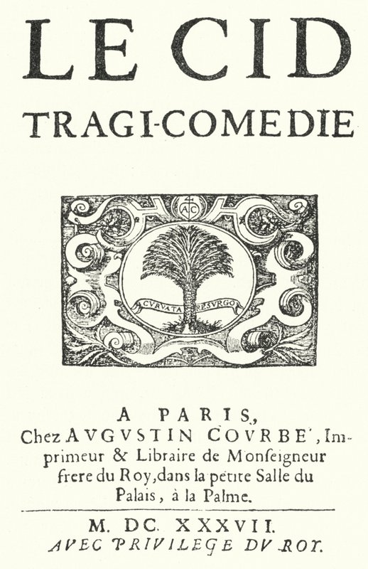 Pagina del titolo della prima edizione di Le Cid del drammaturgo francese Pierre Corneille, pubblicata nel 1637 da German School