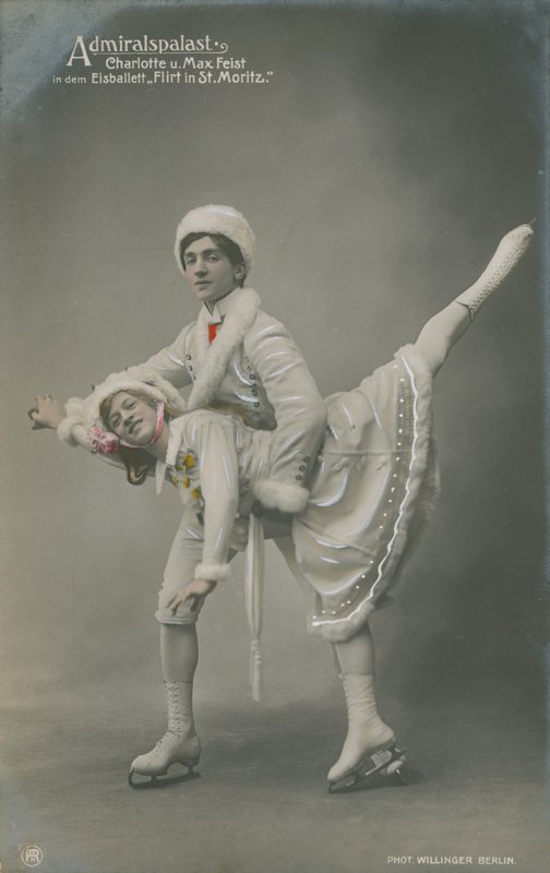 Cartolina di pattinatori su ghiaccio, inviata nel 1913 (foto colorata a mano) da German Photographer
